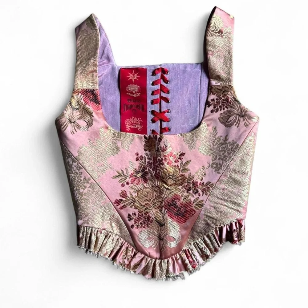 Dilara Findikoglu pink floral brocade corset with frayed hem and red string tie - Picture 1 of 7